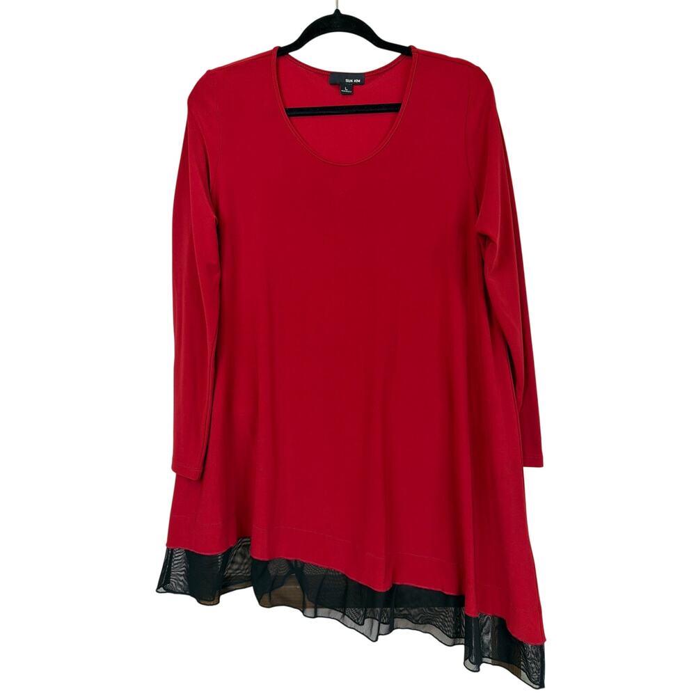 Sun Kim Comfy USA Red Long Sleeve Scoop Neck Mesh Hem Asymmetrical Top L